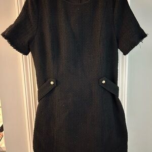 H&M Boucle Dress Wool Blend Black Details Removable Belt Gold Buttons L